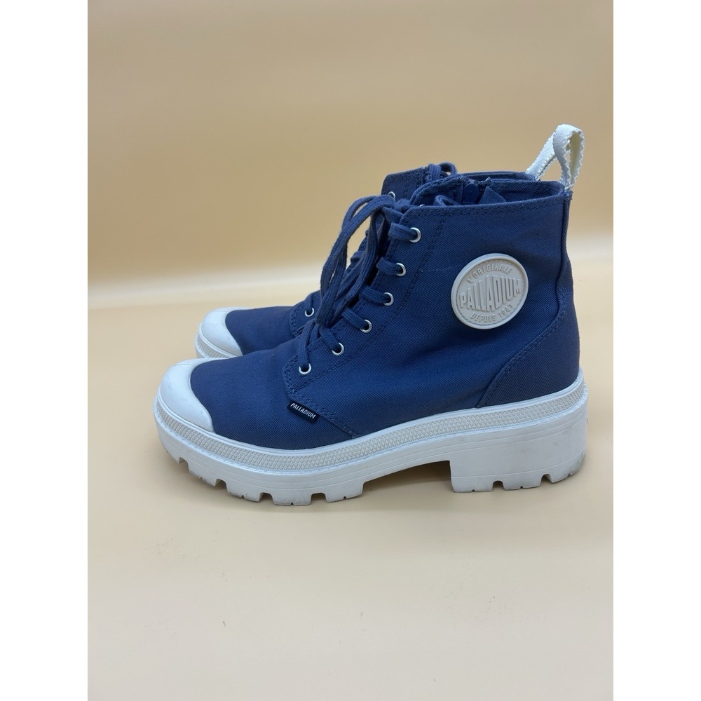 Palladium Indigo Off White Twill Lace Up Combat Boots Women's US 8 Ankle Zip